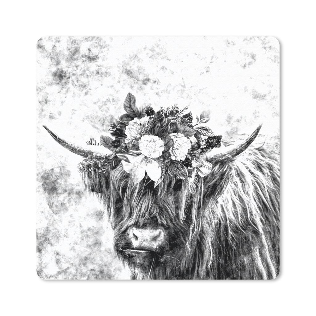 MuchoWow Mauspad Mousepad Schottischer Highlander - Blumen - Schwarz - Weiß 20x20 cm - Mousepads - Maus Mat - Pad - Mausunterlage - Desk Mat - B...