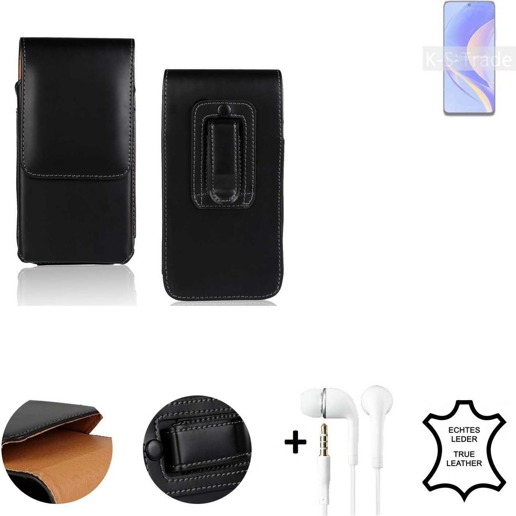 K-S-Trade Leder Gürteltasche + Kopfhörer kompatibel mit Huawei nova Y90 Seitentasche Belt pouch Holster Handyhülle Schutz Hülle Etui schwarz 1x