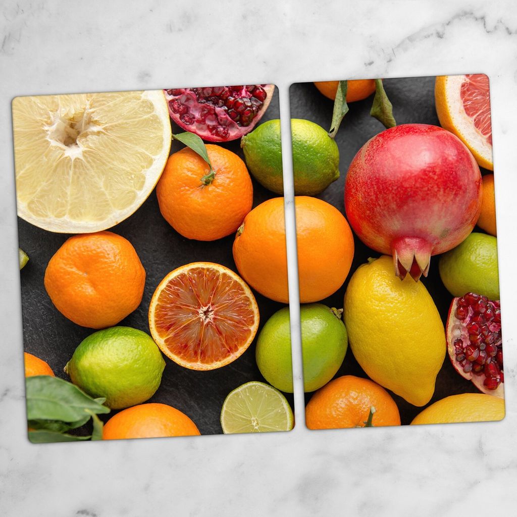 Glas-Herdabdeckplatten Glaskeramikkochfeld-Abdeckung Spritzschutz Schneidebrett Zweiteilige Glas 70x52 cm Bunte Zitrusfrüchte
