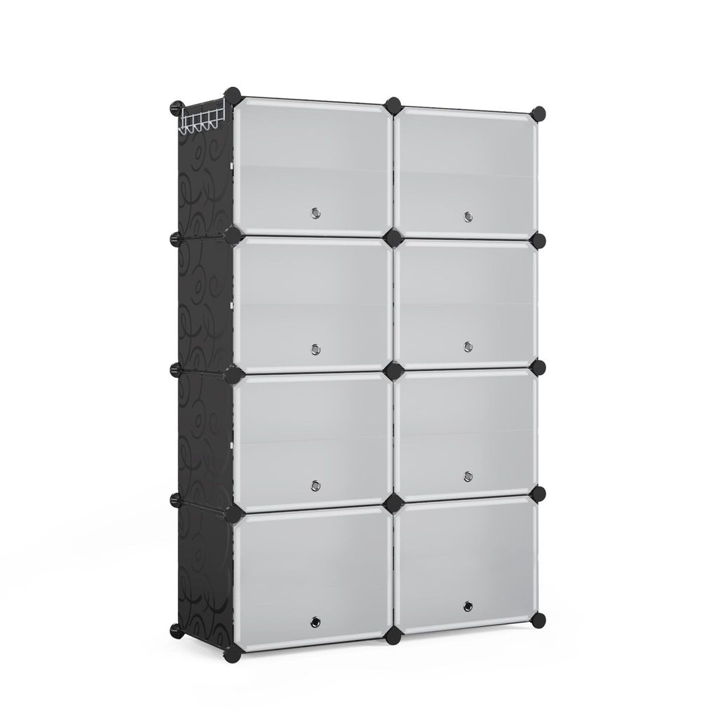 A modular shoe rack with multiple compartments, shown against a white background.
