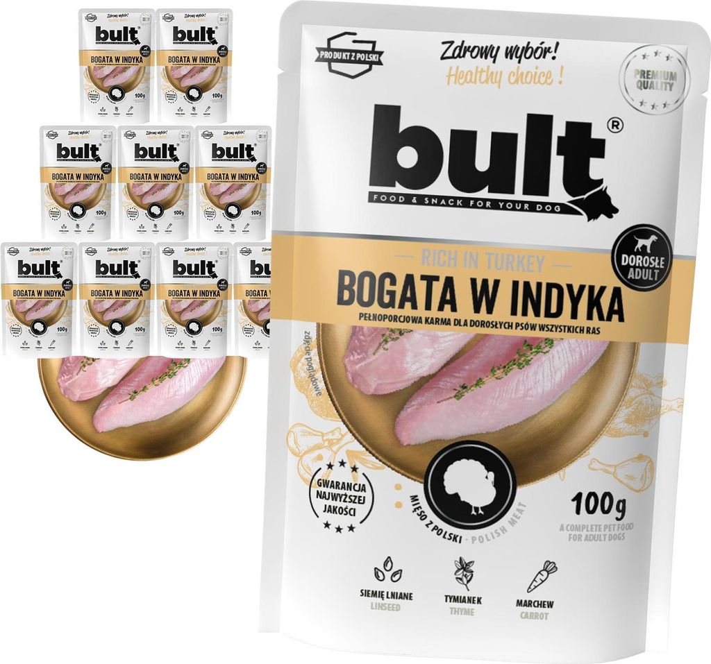 Bult | Feuchte Nahrung für Hunde Pute - 10x100g - 75% Fleisch - Ohne Künstliche Zusätze - Feuchtigkeitsspendend