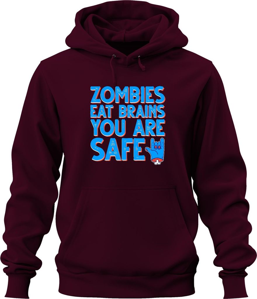 ZOMBIES EAT BRAINS YOU ARE SAFE Halloween Zombie Lustig Horror Uni Hoodie Kapuzenpullover, Burgundy, L
