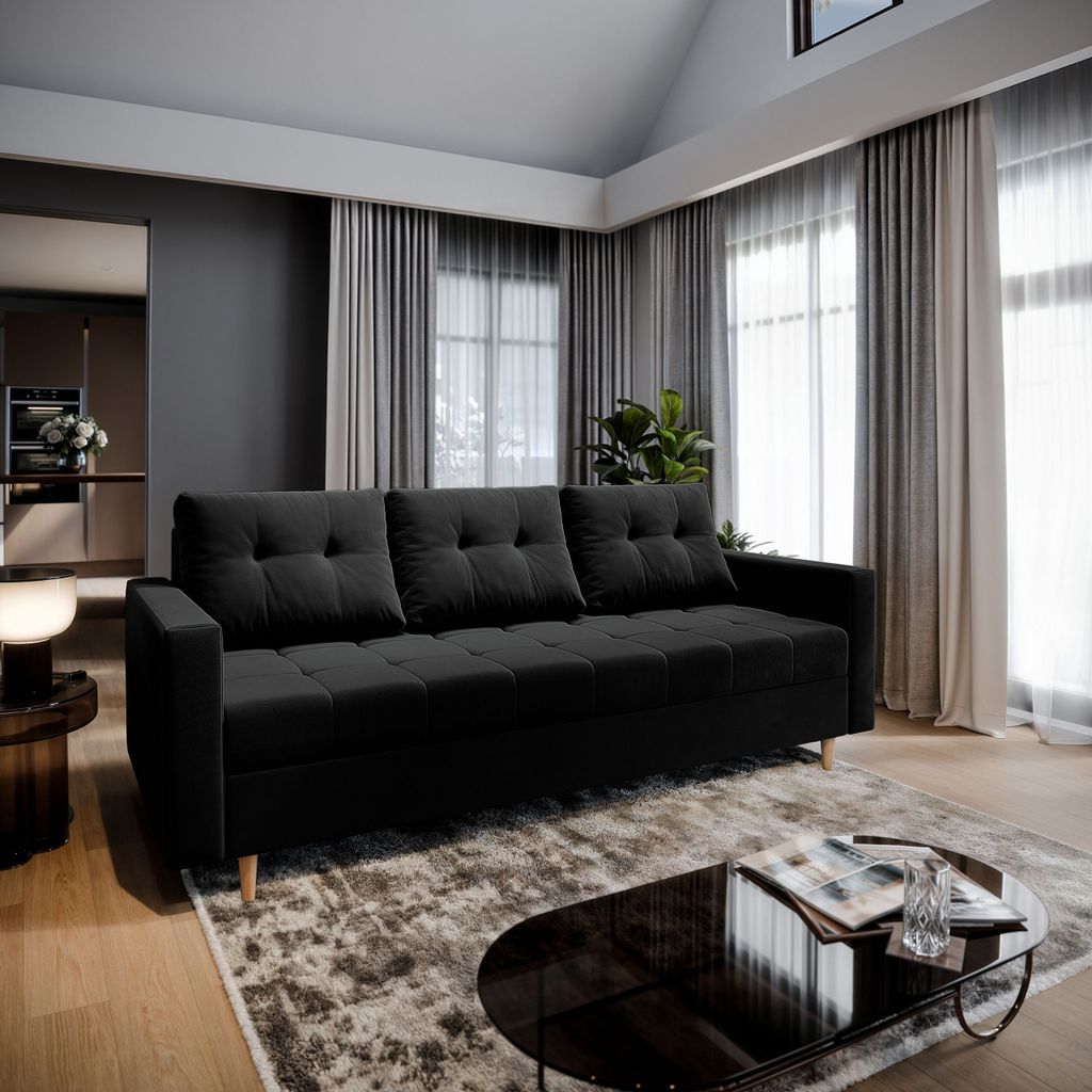 Sofa MILO Schwarz Plüsch-Stoff mit Schlaffunktion, Sofa mit Bettkasten, Sofa mit Bettkasten, Wohnzimmersofa, Couch, Soffa, Bettsofa, Couchgarnitur...