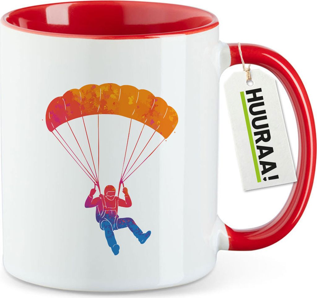 Huuraa Kaffeetasse Fallschirmspringen bunte Silhouette 330ml Rot Keramik Kaffeebecher Geschenkidee