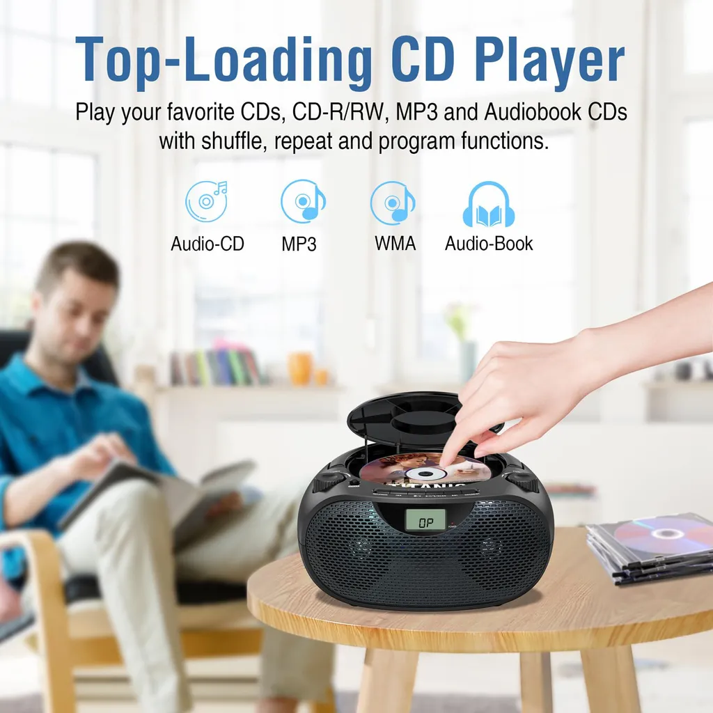 Lecteur CD Portable ZELURXX Boombox Bluetooth 5.0 et Radio FM - Noir - 5