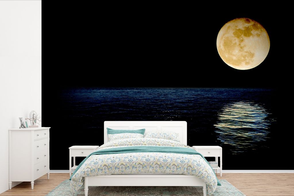 MuchoWow Fototapete für Wohnzimmer oder Schlafzimmer Wandtapete Vinyl Motivtapete Mond - Meer - Nacht - 420x280 cm - Zimmer für Kinder