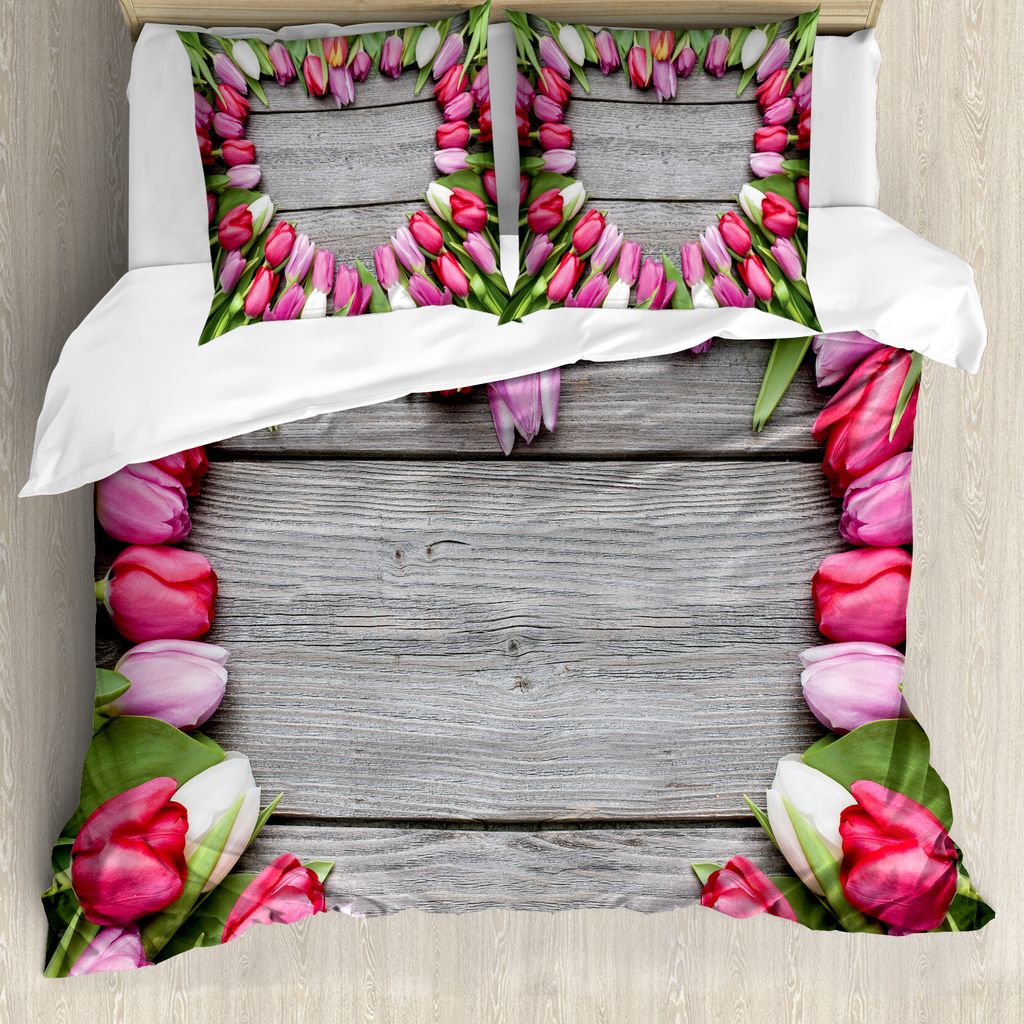 ABAKUHAUS Liebe Bettbezug, Rahmen von frischen Tulpen, Milbensicher Allergiker geeignet mit Kissenbezügen, 200 cm x 200 cm - 80 x 80 cm, Rosa-Grü...
