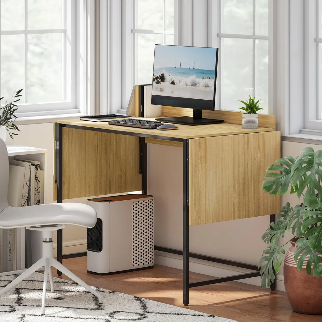 Bureau de télétravail pliable chêne, petite table ordinateur d'appoint - 8