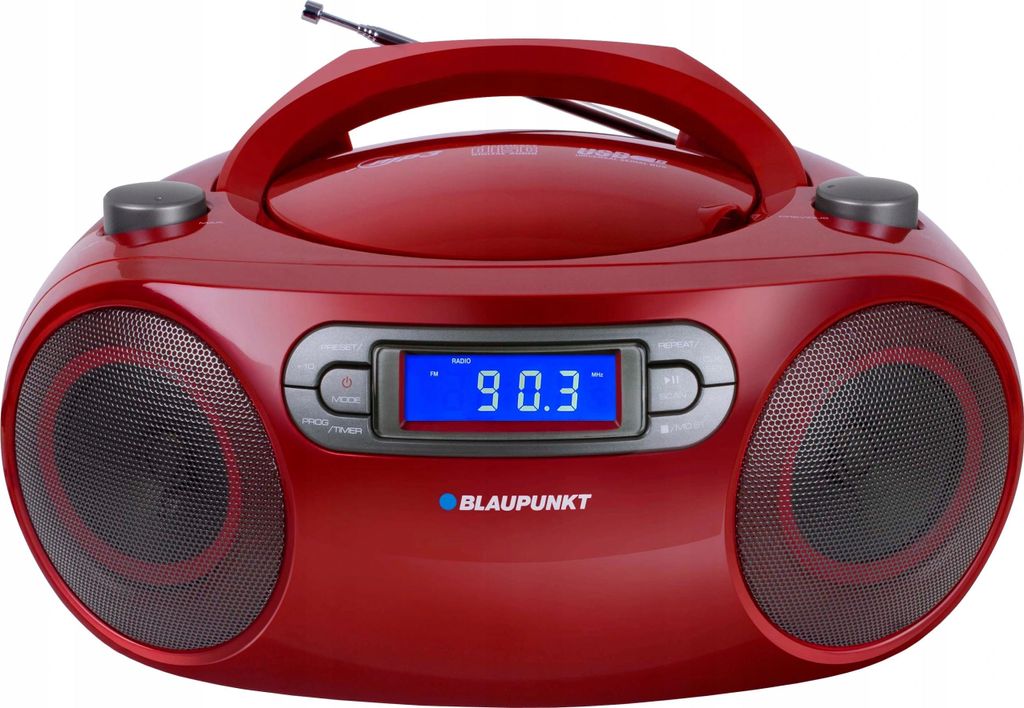 A red Blaupunkt boombox is shown against a white background.