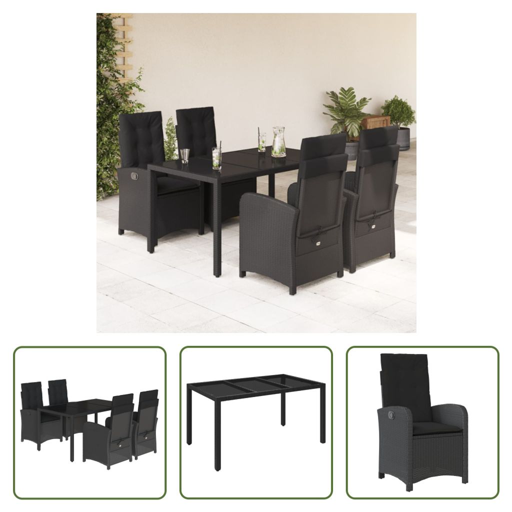 The Living Store 5-tlg. Garten-Essgruppe mit Kissen Schwarz Poly Rattan