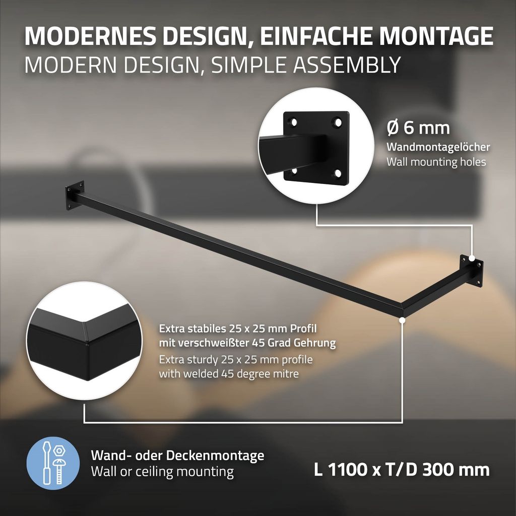 ML-Design rohový věšák na zeď, 30x110 cm, černý, z oceli, Obrázek produktu 3