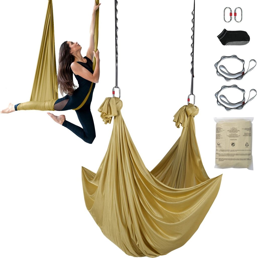 Aerial Yoga Hängematte Set 4 x 2,8 m, Golden Aerial Yoga Swing Air Fliegen, Yoga-Schaukel Hammock Swing 1000 kg Max. Tragfähigkeit, inkl. Yoga-So...