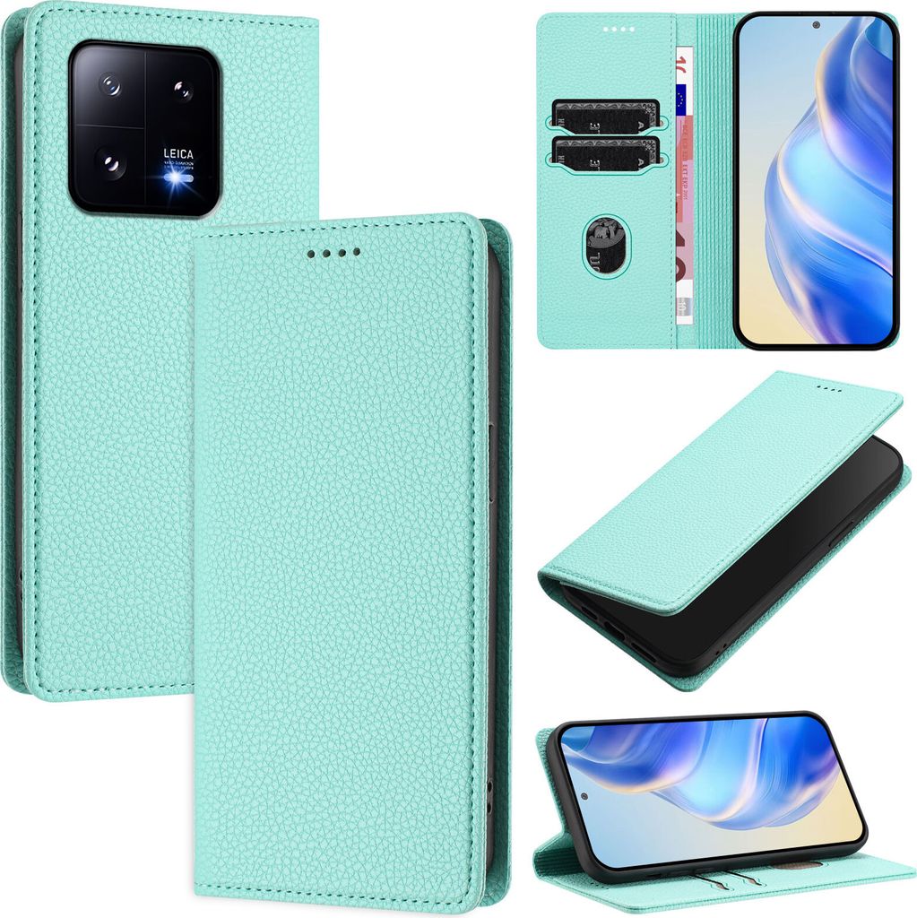 Litchi Leder Handyhülle für Xiaomi 13 Pro Wallet Kartenfächer Standfunktion Hülle Türkis