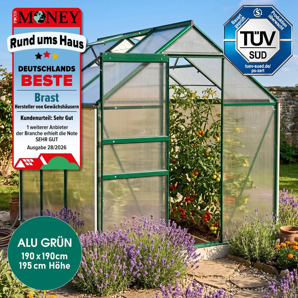 BRAST Gewächshaus Aluminium mit Fundament | 190x190x195cm | Produktbild 