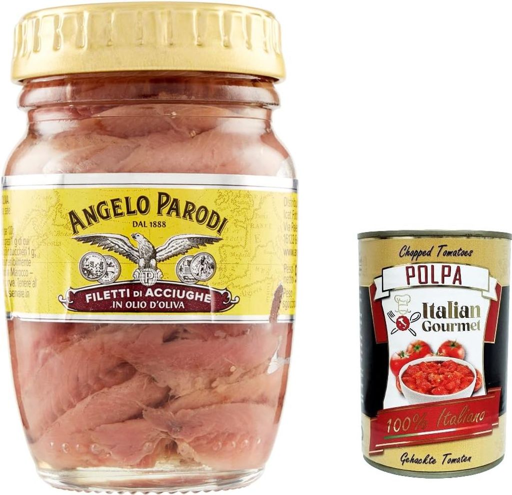 Angelo Parodi Filetti Di Acciughe In Olio D'oliva, Sardellenfilets in Olivenöl 90 g + Italian Gourmet Polpa di Pomodoro 400g