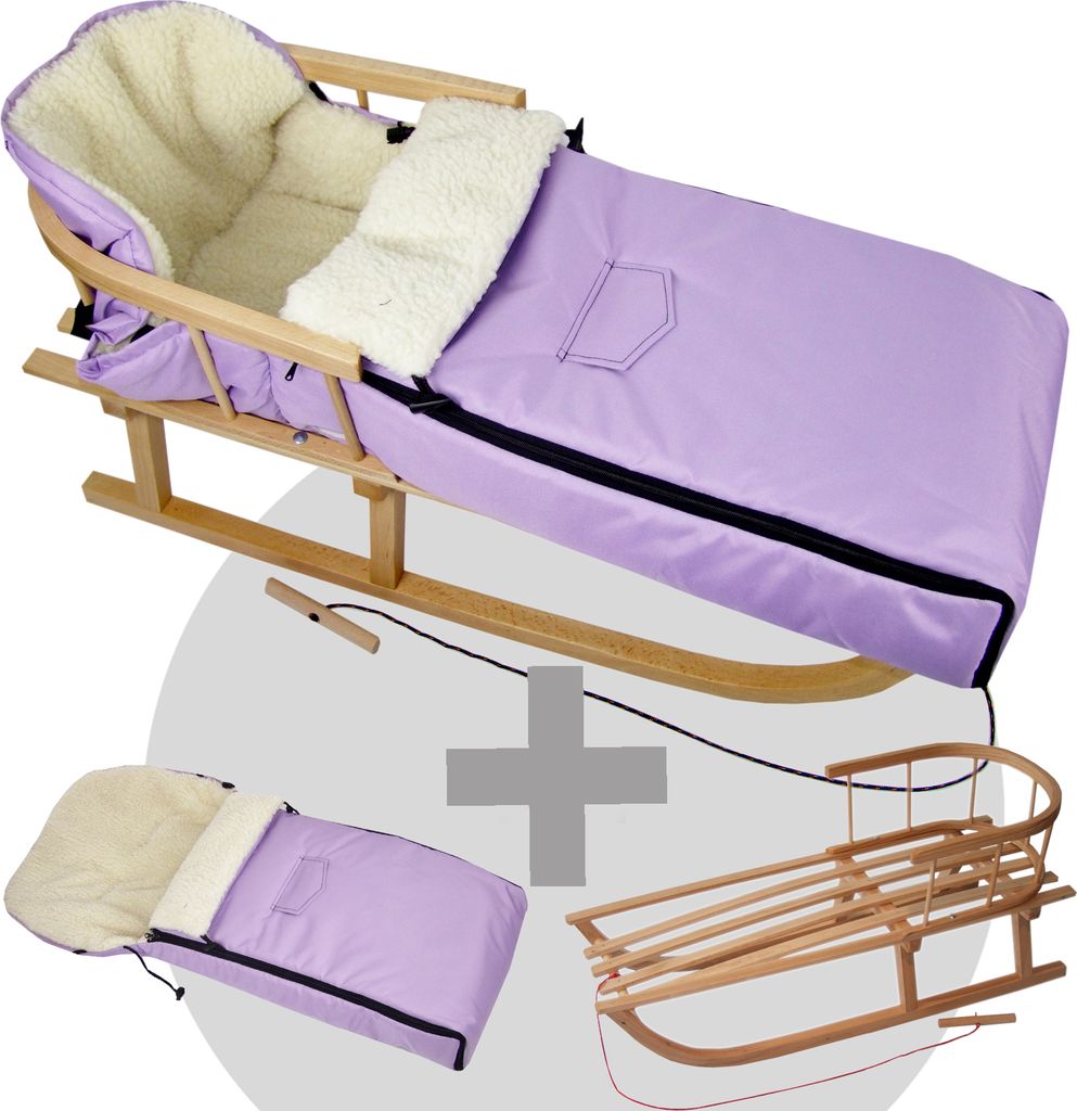 BAMBINIWELT HOLZSCHLITTEN mit Rückenlehne (90cm) + WINTERFUßSACK (108cm) Kinderwagen WOLLE flieder