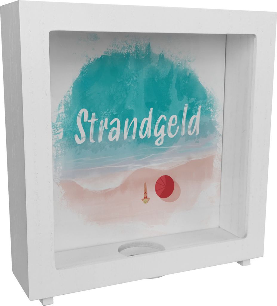 Rahmen Spardose aus Holz aus Keramik mit Strand Motiv und Produktbild 