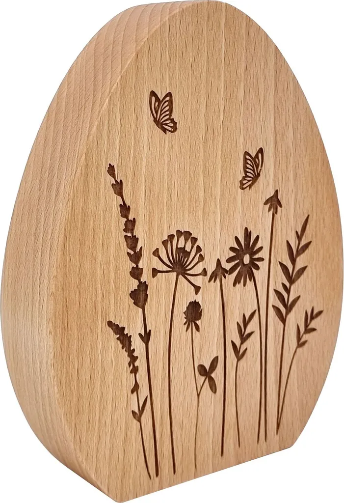 Uovo Decorativo Faggio Oliato 15cm - Incisione Floreale Design V-40.11