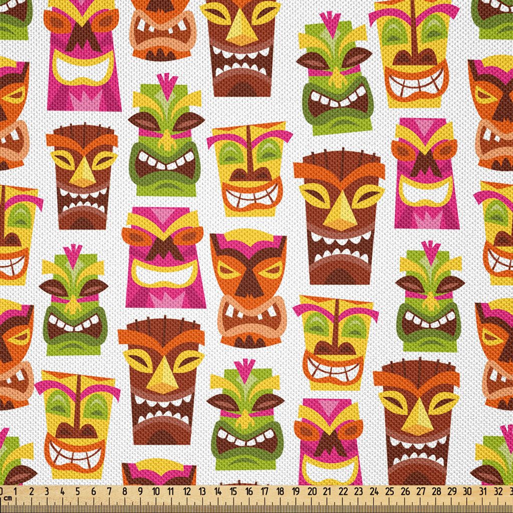 ABAKUHAUS Tiki Bar Satin Stoff als Meterware, Hawaiische Party Glücklich Tiki Konzept Masken Bunte Gesichter Wiederholendes Muster, 5 M (148 x 500...