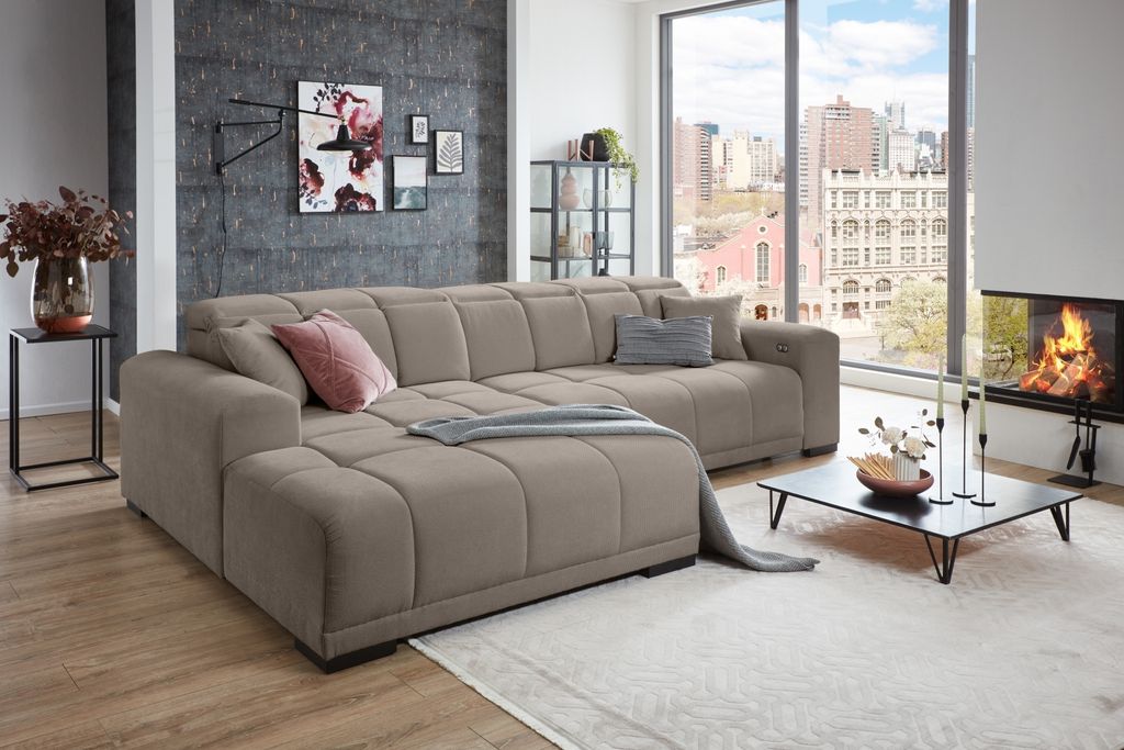 Wohnlandschaft >Puppet< Kopfteilverstellung, Sitzverstellung, taupe - 301x113x195cm (BxHxT)