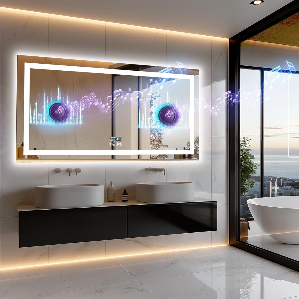 Vrygle LED Badspiegel 160x80cm mit Beleuchtung, Bluetooth, Uhr, Temperatur & Datum, Entfoggen, 3 Lichtfarben, Dimmbar, Speicherfunktion