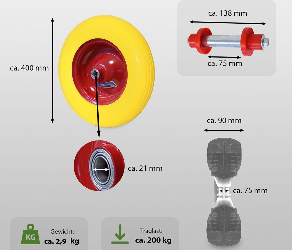 Schubkarrenrad Vollgummi 4.00-8 / 4.80 mit Achse 200 Kg Produktbild 3