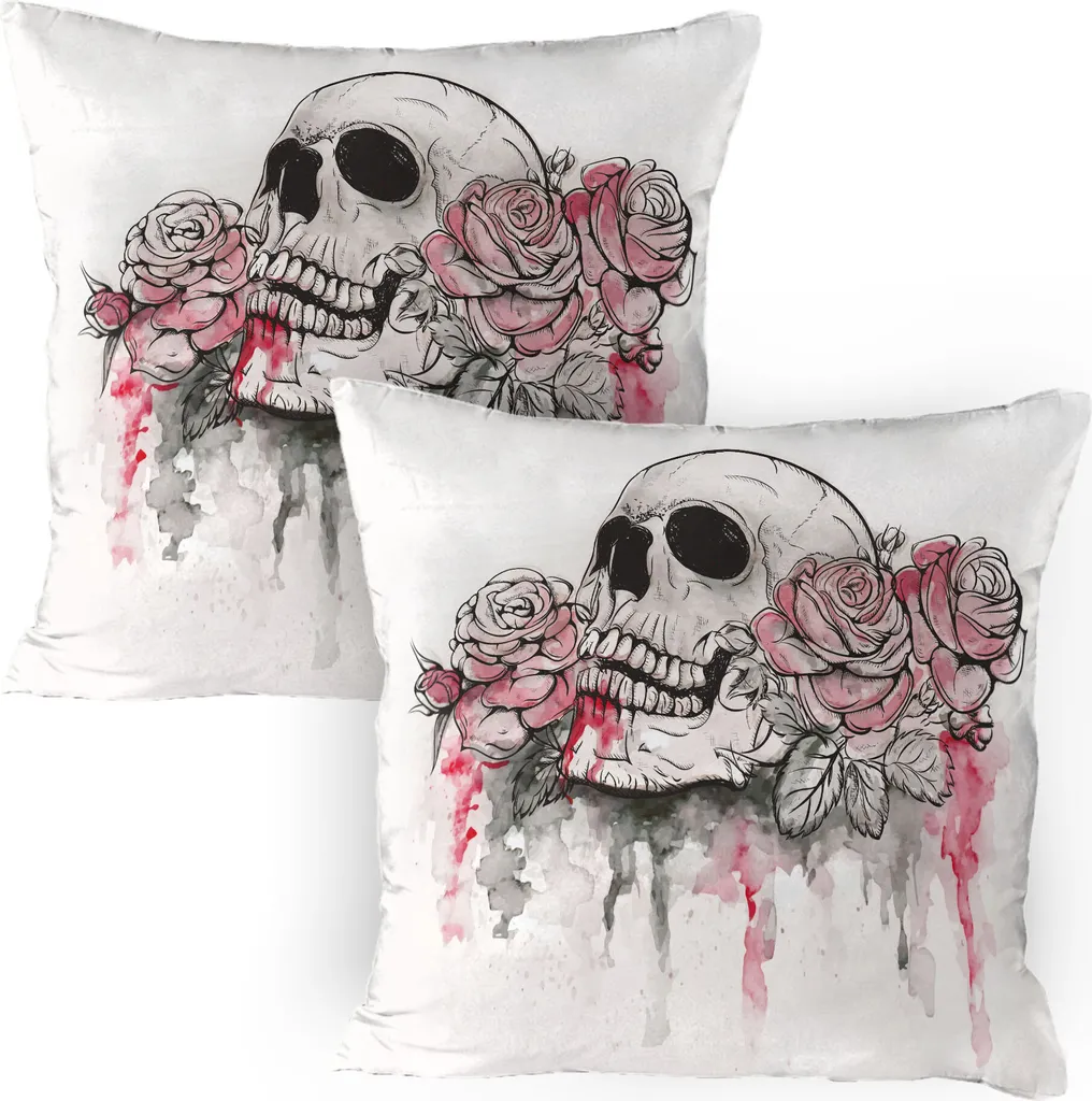 ABAKUHAUS Giorno dei Morti Fodera per cuscino Confezione da 2, Stampa del teschio morto con rose romantiche Celebration Day Festive, Fodera per cuscino decorativa stampata, 80x80 cm, Bianco Rosa chiaro Nero