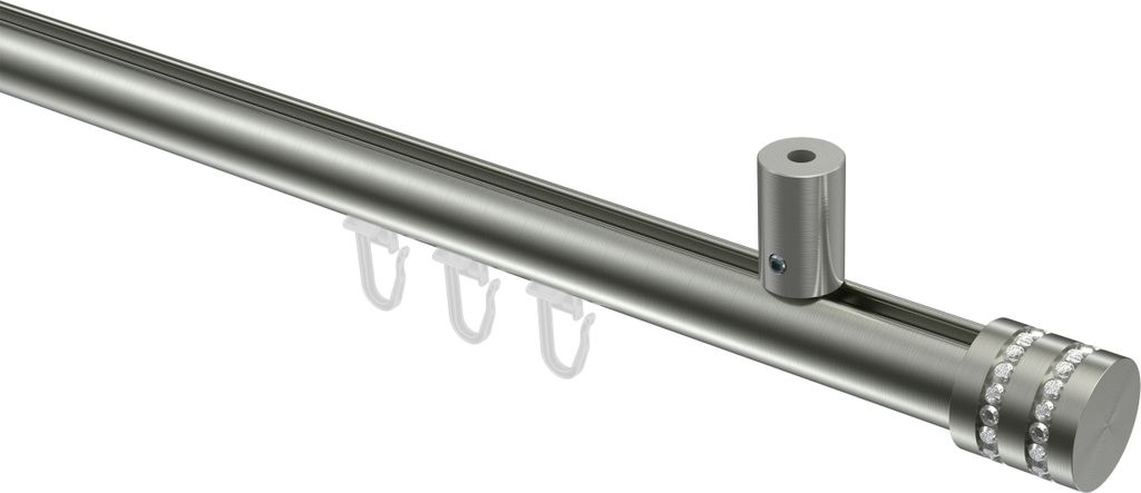 Interdeco Innenlaufstange / Gardinenstange mit Innenlauf Edelstahl-Optik, Typ Sonius Estana (Glitzerkappe) Deckenmontage, 20 mm Ø 1-läufig, 240 cm