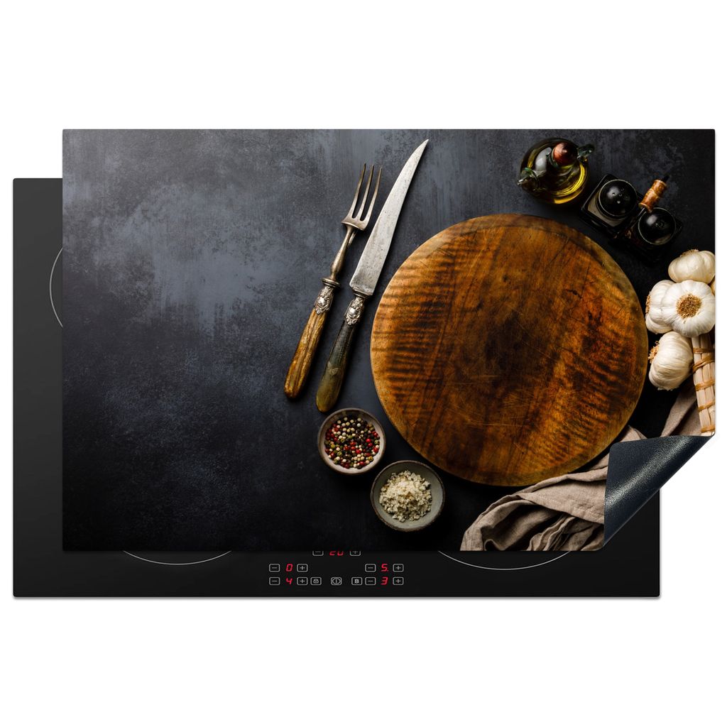 KitchenYeah Herdabdeckplatte Besteck - Schneidebrett - Küche - Geschirrtuch , 81x52cm, Küche Deko, Glaskeramikkochfeld Herdabdeckung, Abdeckpla...