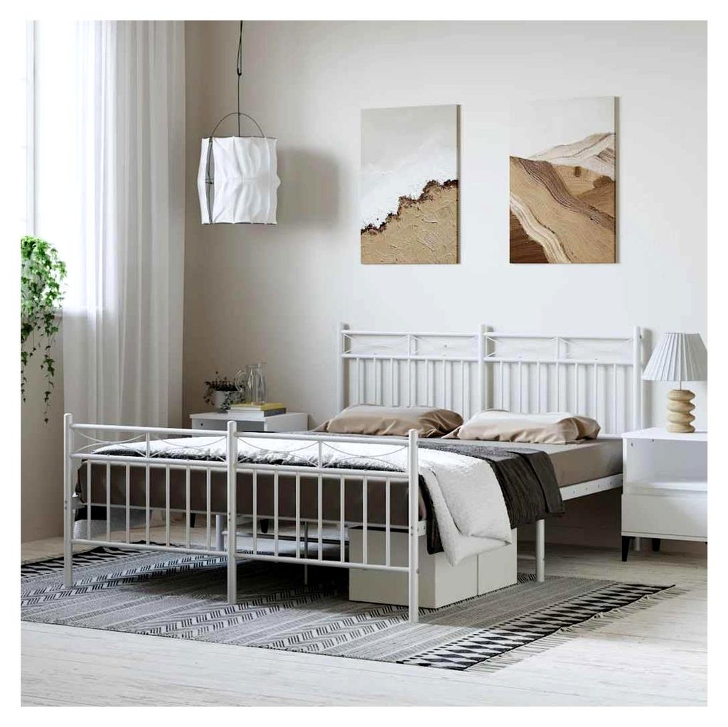 Bettgestell mit Kopf- und Fußteil aus Metall in Weiß 135x190 cm