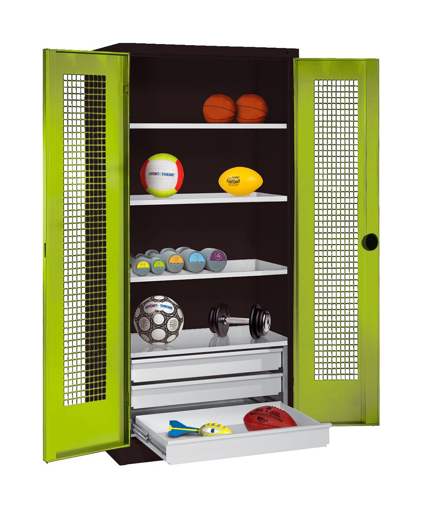 C+P Sportgeräteschrank mit Schubladen und Lochblech-Flügeltüren (Typ 4), HxBxT 195x120x50 cm, Ergo-Lock Muldengriff, Clowngrün (RAL 110 80 60),...