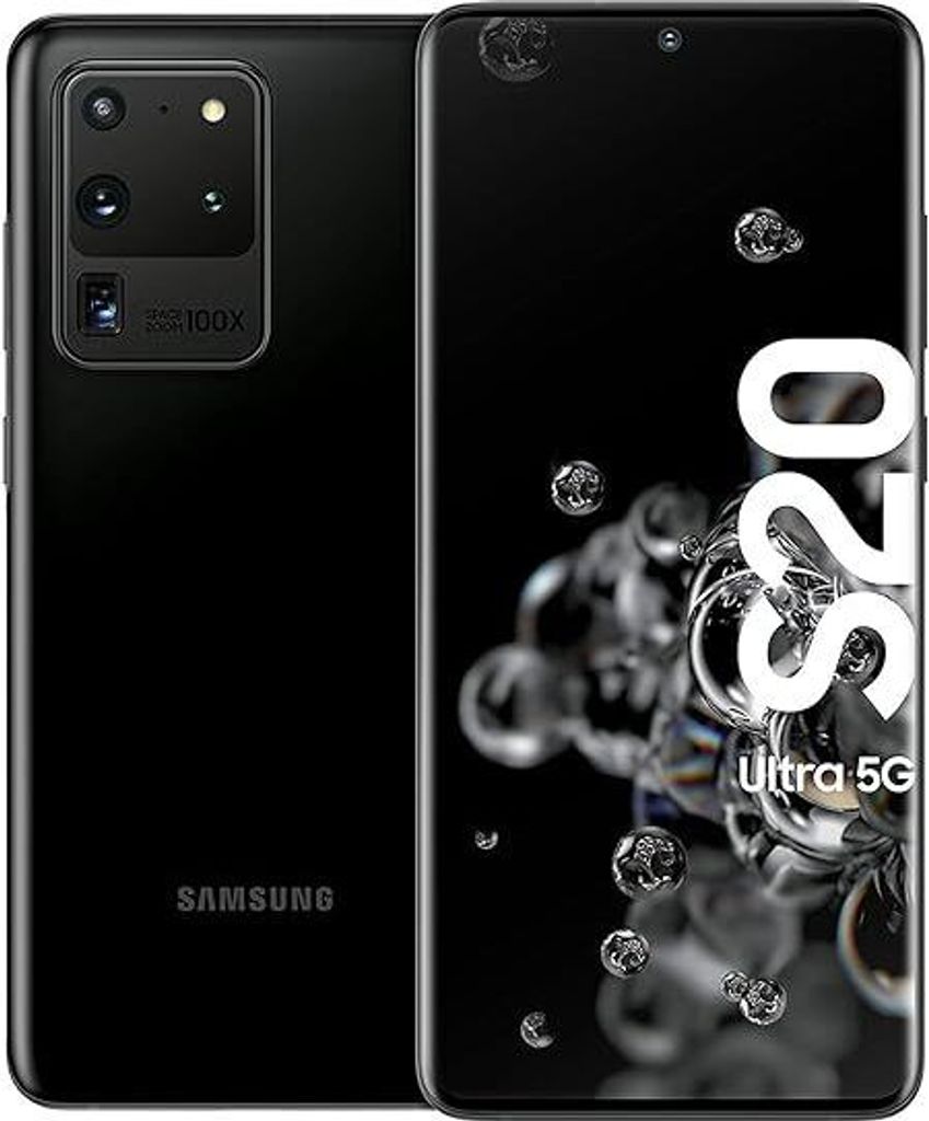 A black Samsung Galaxy S20 Ultra 5G smartphone is shown from the front and back. The front displays the screen with text and graphics, while the back shows the camera module.