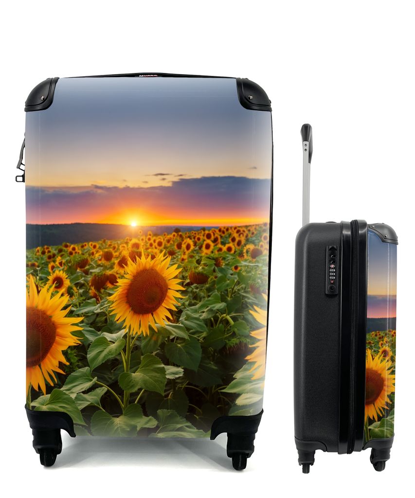 MuchoWow Koffer Handgepäck Trolley Rollkoffer Kleine Reisekoffer mit 4 Rollen - Blumen - Nacht - Sonnenuntergang - Sonnenblume - Horizont - Cabi...