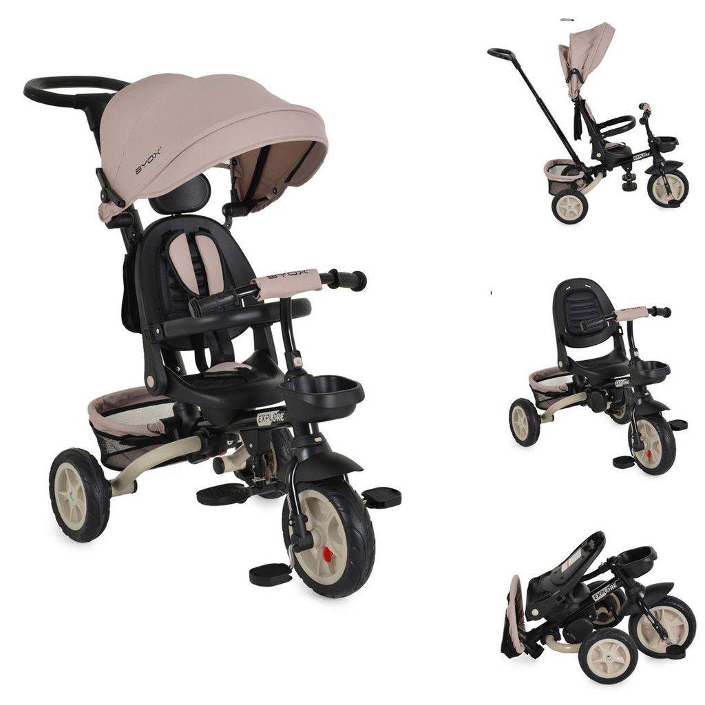 Byox Tricycle Explore 3 in 1 Dreirad umkehrbarer Sitz Schiebegriff Körbe Pedale braun