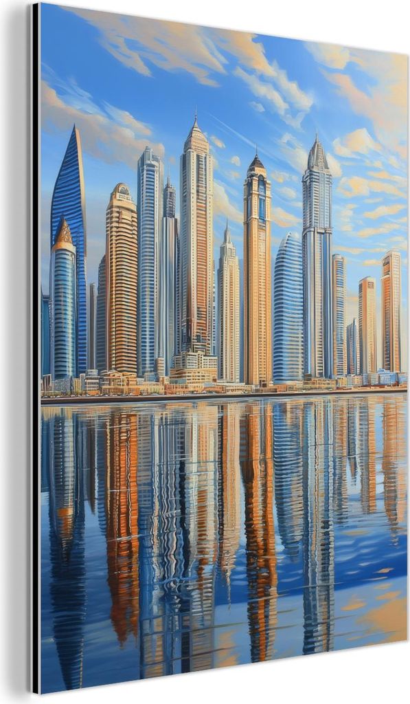 MuchoWow Wanddekoration Metall Metallbild Wandkunst 90x120 cm Skyline - Wolkenkratzer - Wasser - Blau MuchoWow Aluminium Gemälde - Industrial