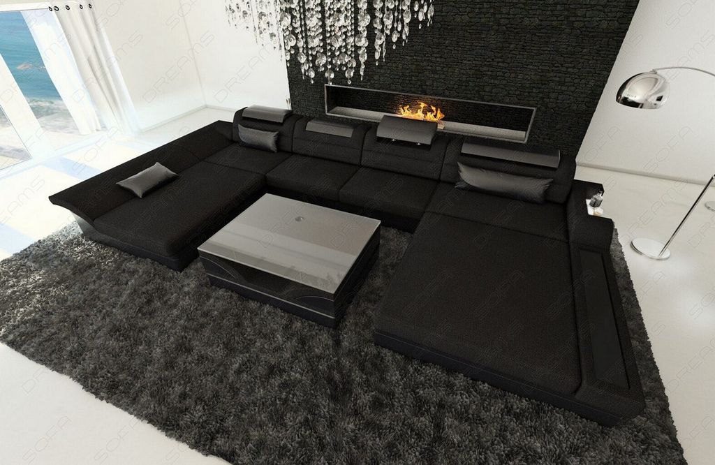 Stoffsofa Wohnlandschaft Monza mit Licht USB Webstoff Strukturstoff