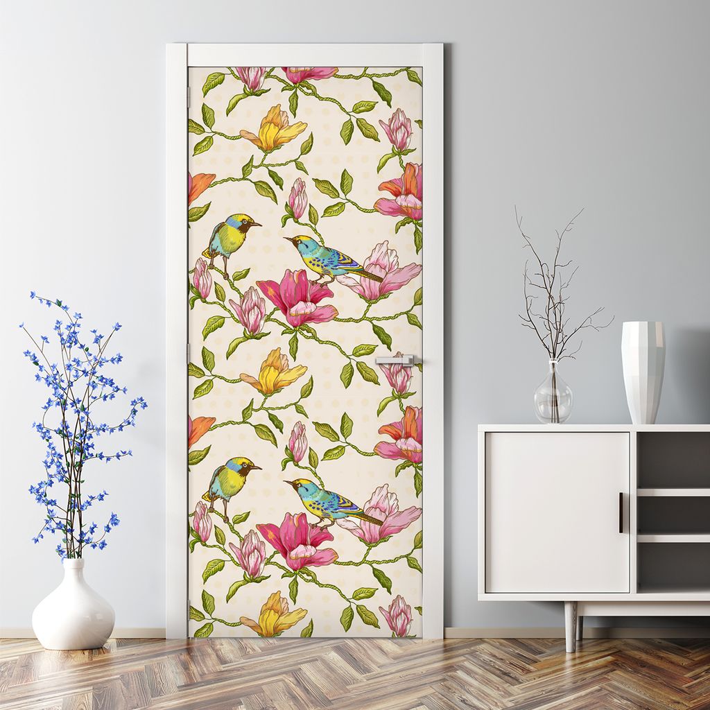 Dekorative Türaufkleber selbstklebend Klebefolie Aufkleber Blumen und Vögel 85 x 200 cm