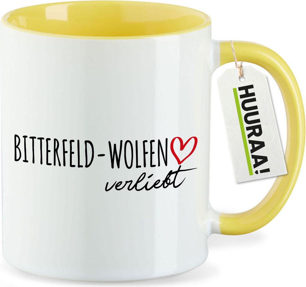 Huuraa Kaffeetasse Bitterfeld-Wolfen verliebt 330ml Gelb Keramik Kaffeebecher Geschenkidee