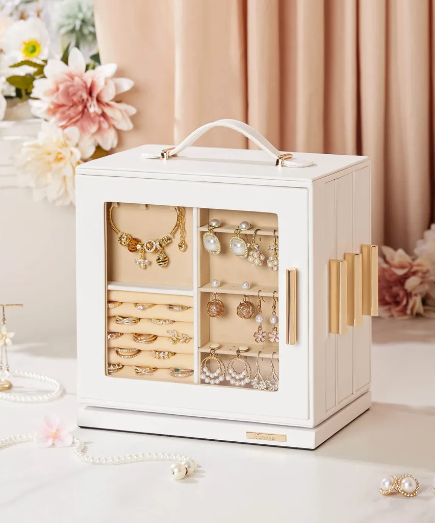 Yorbay Portagioie girevole a 360° con 7 cassetti, finestra, specchio, portagioie Portagioie Bianco