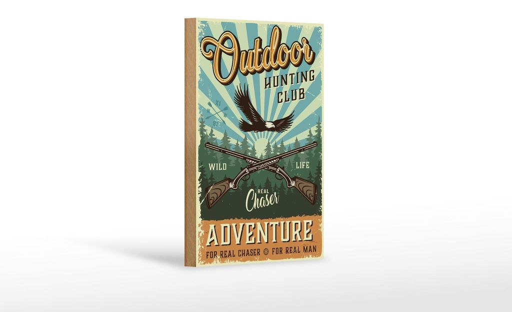 Holzschild Retro 12x18cm Outdoor hunting club Adventure Produktbild 