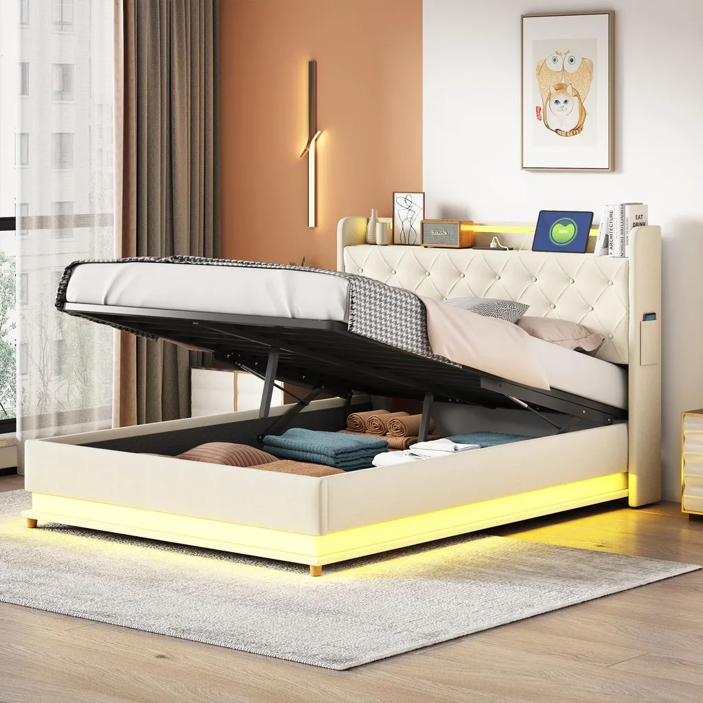 Lit 140x200 Gain de Place avec Coffre de Rangement et LED Design - 2