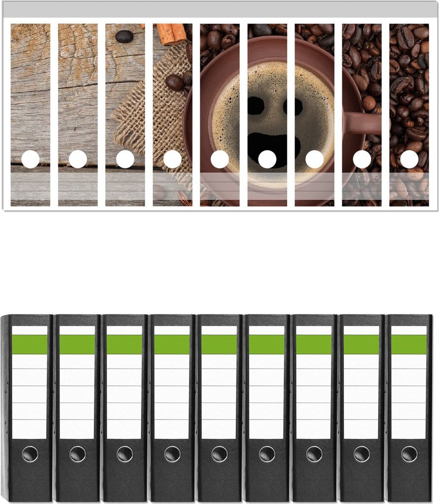 Wallario 9 Stück breite Ordner inkl. Klebeetiketten mit Motive Lustige Kaffeetasse mit einem Lächeln - Kaffeebohnen und Zimt - Set mit Rückensc...