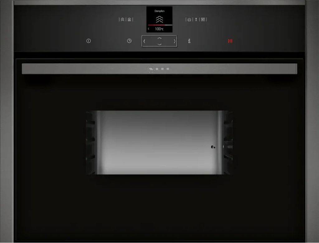 A front view of a black built-in oven with a silver handle and a digital display.