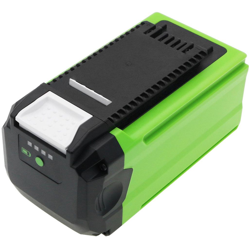 A product shot of a green and black battery pack.