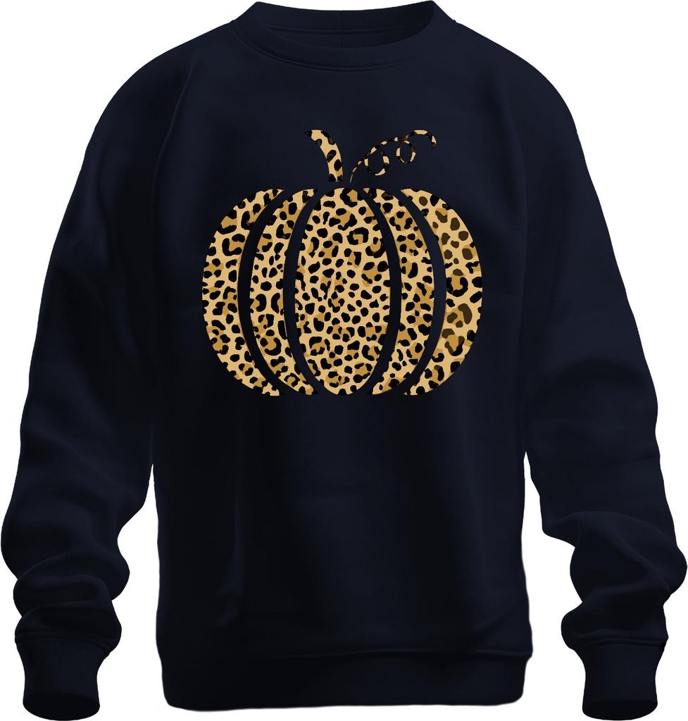 Leopardenmuster Kürbis Herbst Halloween Animalprint Boho Chic Uni Sweatshirt Pullover, Navy, XL