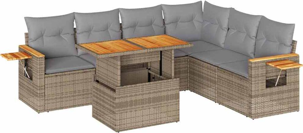7-tlg. Garten-Sofagarnitur mit Kissen Beige Poly Rattan Akazie