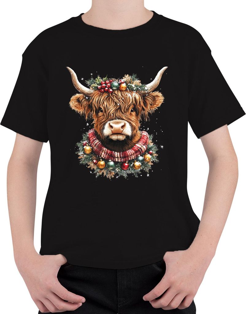 Highland Kuh Weihnachtskranz Christbaumkugeln Schal Retro Uni Kinder T-Shirt, Schwarz, 152