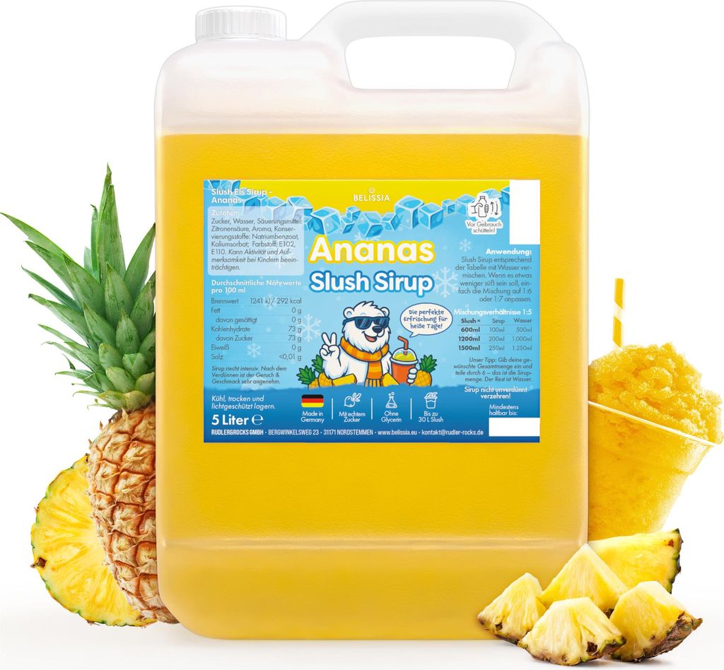 Belissia Slush Eis Sirup 5L Konzentrat | Ananas Geschmack | sehr ergiebig in knalligen Farben (1:5) | Glycerin frei