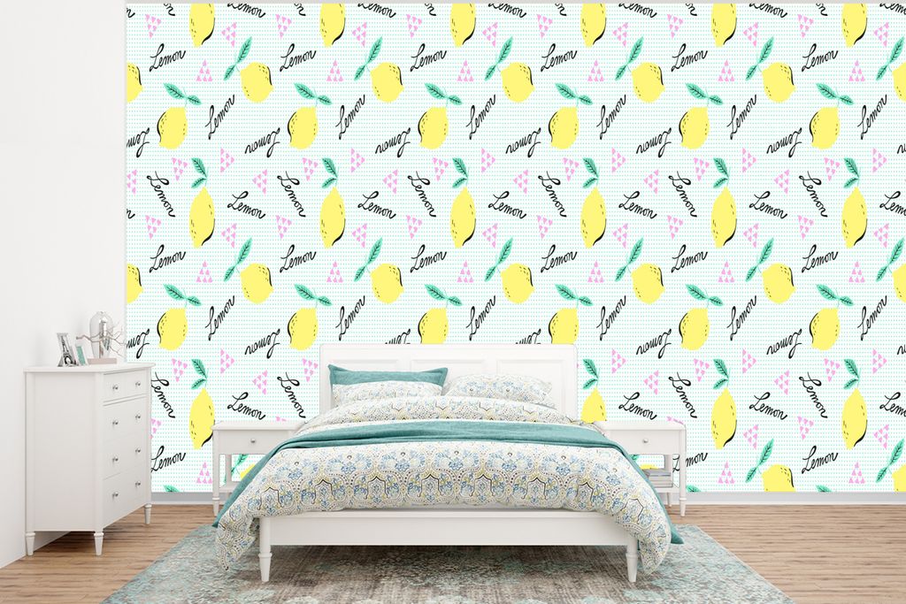 MuchoWow Fototapete für Wohnzimmer oder Schlafzimmer Wandtapete Vinyl Motivtapete Hipster - Zitrone - Pastell - Muster - 375x280 cm - Schlafzimm...