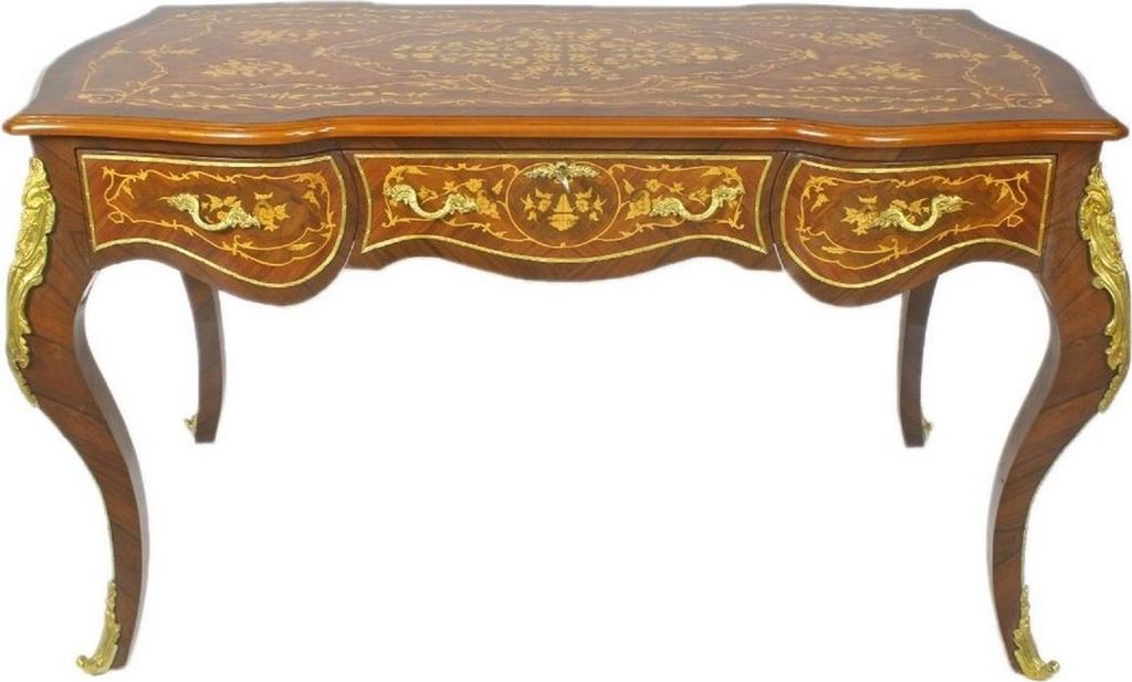 Casa Padrino Barock Schreibtisch Braun / Gold 160 x 70 x H. 80 cm - Handgefertigter Massivholz Bürotisch mit 3 Schubladen und massiven Metallappli...